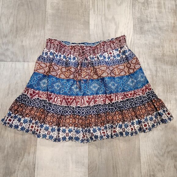 Beach Lunch Lounge Size Large Cotton Lined Ruffle Boho Skirt Drawstring Waist - Picture 1 of 5